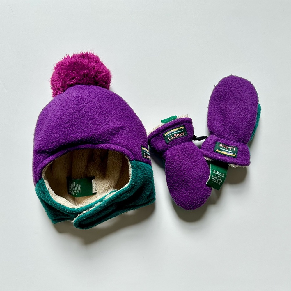 VINTAGE L.L. Bean Kids Purple & Green Fleece Pom Hat and Mittens Set